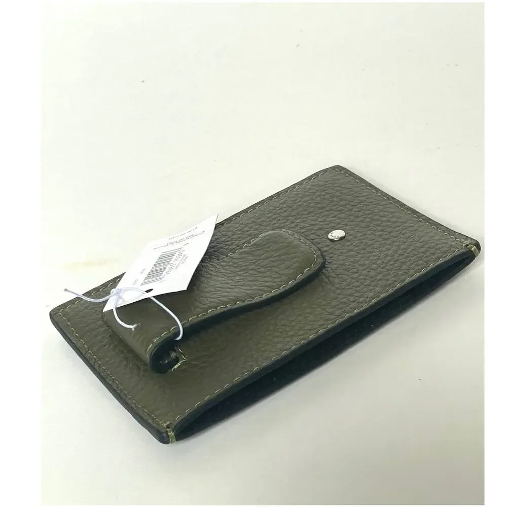 Coach Card Case Money Clip Olive Green Crossgrain Leather Mens CDC79